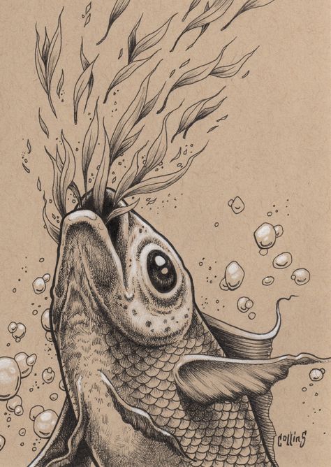 Beautiful Ink Drawings, Pen Ink Illustrations, Koi Fish Ink Drawing, Ocean Ink Drawing, Koi Fish Pen Drawing, Weird Fish Drawing, Koi Art Drawing, Sea Life Sketches, Fish Pen Drawing