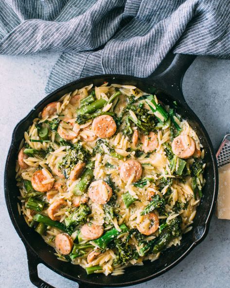 Broccolini, Chicken Sausage, and Orzo Skillet | The Kitchn Sausage And Orzo, Orzo Skillet, Comforting Meals, How To Cook Orzo, Italian Chicken Sausage, Iron Skillet Recipes, Cast Iron Skillet Recipes, Supper Ideas, Skillet Dinners