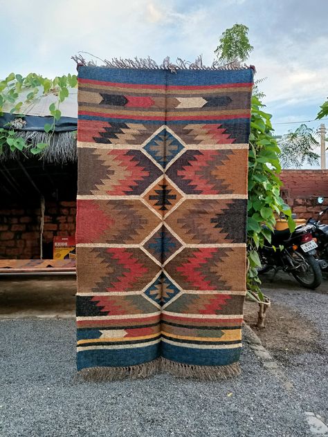 This Is Handwoven Wool And Jute Panja Weave Kilim Dhurrie Rug. The Rug Is Tightly Weave With Warp And Weft. Its Made On Traditional Pit-Loom. This Rug Is Weave By Interlock Process So You Can Use Both Side. This Handcrafted Rug You Can Use For Outdoor And Indoor Both Use Because Its Tightly Hand Woven. Its Has Not Any Knots. So Dust Won't Be Go Inside Of The Rug. It's Better Then Carpet - The Rug Can Easy to Wash , Easy To Carry , 100% Eco-friendly DETAILS > Material - Warp - Camel Wool , Weft- Area Room Rugs, Dhurrie Rug, Vibrant Rugs, India Colors, Dhurrie Rugs, Rugs Handmade, Coconut Fiber, 3x5 Rug, Kilim Woven