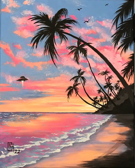 Sunset At The Beach Drawing, Drawing Ideas Scenery, Palm Tree Drawing, Creative Sketchbook, Sunset Canvas Painting, Oil Pastel Drawings Easy, Design Portrait, Palm Trees Painting, Art Projects For Adults