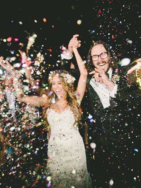 Available at most party supply stores, confetti poppers are sure to provide a bang and a fun explosion of color for a wedding exit toss. Wedding Exit Ideas, Wedding Day Quotes, Wedding Exit, New Years Wedding, Nye Wedding, Wedding Send Off, New Years Eve Weddings, Wedding Exits, Wedding Day Timeline