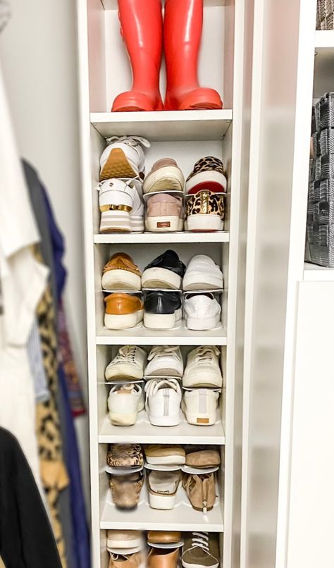 Shoe Storage In A Small Closet, Organizing Shoes In Small Closet Diy, Shoe Rack In Closet Small Spaces, Shoe Rack In Small Closet, Shoe Closet Basement, Narrow Closet Shoe Storage, Tiny Shoe Closet, Small Closet For Shoes, Build A Shoe Rack In Closet