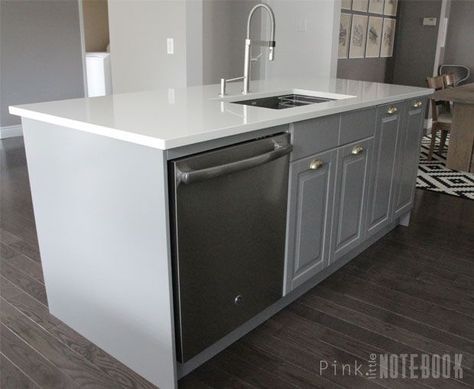 Creating a custom Ikea kitchen island Kitchen Island With Sink And Dishwasher, Sink And Dishwasher, Island With Sink, Island Sink, Ikea Island, Modern Grey Kitchen, Kitchen Island With Sink, Unique Kitchen Design, Sink In Island