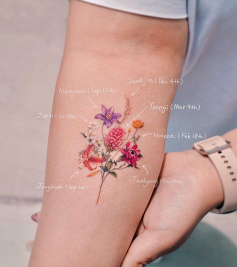 Matching 4 Tattoos, Love Tattoos For Women Words, Rm Wild Flower Tattoo Ideas, Smeraldo Flower Tattoo, Yoongi Inspired Tattoo, Bts Flower Tattoo, Bts Related Tattoos, I Want It I Got It, Yoongi Flower