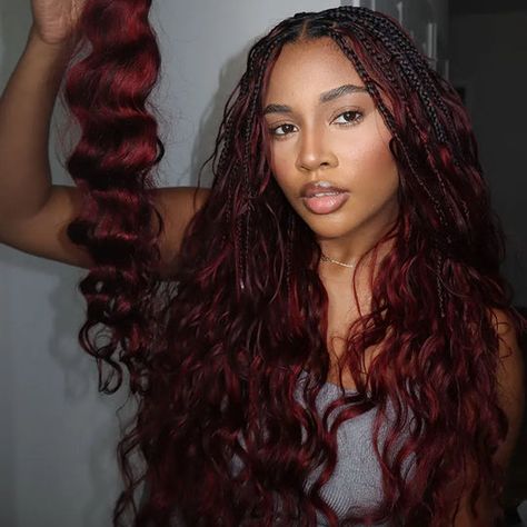 Shop Bulk Human Braiding Hair - Create Your Fashion Braids – Ywigs Festival Hair For Black Women, Burgundy Hair With Tinsel, Wedding Halo Braid, 1b/burgundy Braids, Maroon Boho Knotless Braids, Boho Braids Outfit, Color 33 And 350 Box Braids, Red And Blonde Boho Braids, Color 4 Braiding Hair