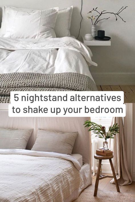 Bed Without Nightstand Ideas, Night Stand On One Side Of Bed, Bed With No Nightstand, Alternative To Bedside Table, Nightstand On One Side Of Bed, Mismatched Bedside Table Ideas, Bed Without Nightstand, Single Nightstand Bedroom Layout, End Tables Bedroom Nightstand Ideas