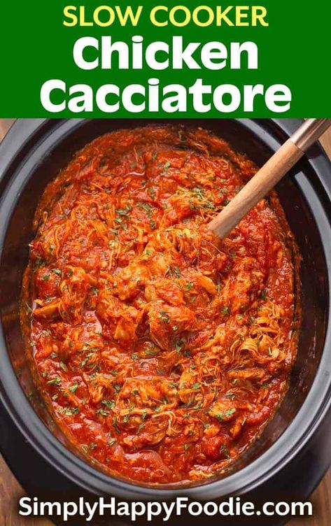 Slow Cooker Chicken Cacciatore is a simple and flavorful dump and go recipe that you can make without pre-cooking any of the ingredients. This is an easy crock pot chicken cacciatore recipe that tastes delicious! simplyhappyfoodie.com Chicken Catchatori Crockpot Slow Cooker Easy Recipes, Easy Chicken Cacciatore Recipe Crockpot, Chicken Cacciatore Crock Pot Slow Cooker, Chicken Dump Recipes Slow Cooker, Slow Cooker Chicken Cacciatore Recipe, Crockpot Chicken Cacciatore Slow Cooker, Chicken Cattitore Recipes Crockpot, Chicken Cacciatore Crock Pot, Chickencacciatore Cacciatore