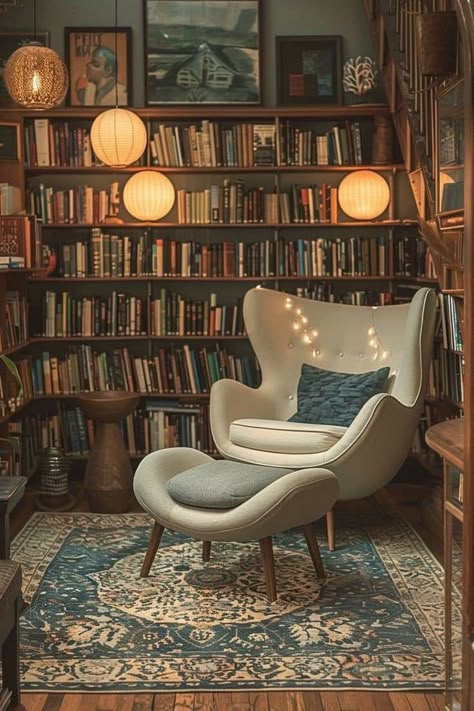 Vintage Book Nook, Moody Library Room, Moody Home Library, Cozy Hobby Room, Home Library Aesthetic, Small Home Libraries, Dream Home Library, Cozy Reading Corner, Moody Home