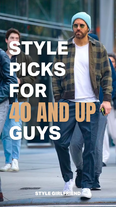 headline: style picks for 40 and up guys, image: Ryan Reynolds in plaid jacket and beanie 40yo Mens Fashion, Fashion Men Over 40 Casual Street Styles, Men Fashion 40s, Mens Over 40 Fashion For Men, Men’s Casual Fashion Over 40, Men Over 50 Summer Fashion, Male Celebrity Style, Men’s Fashion At 40, Mens Clothing Styles 40 Years Old