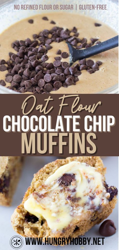 These oat flour chocolate chip muffins are made without any refined flour or sugar, for a healthier option packed with plenty of chocolate! #oatflour #muffins #healthymuffins #chocolatechipmuffins… More Oat Muffins Healthy, Gluten Free Chocolate Chip Muffins, Healthy Chocolate Chip Muffins, Health Dessert Recipes, Oatmeal Muffins Healthy, Oatmeal Chocolate Chip Muffins, Choc Chip Muffins, Oat Flour Recipes, Chocolate Chip Bread