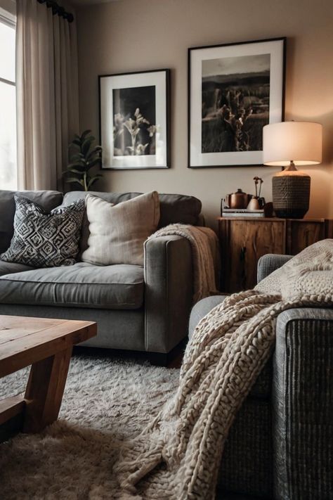 Small Fall Living Room, Warming Up A Grey Living Room, Family Room Small Space, Cosy Apartment Ideas, How To Make Living Room Cozy, Dark Sofas Living Room Decor, Country Modern Living Room, Cozy House Bedroom, Cozy Moody Living Room