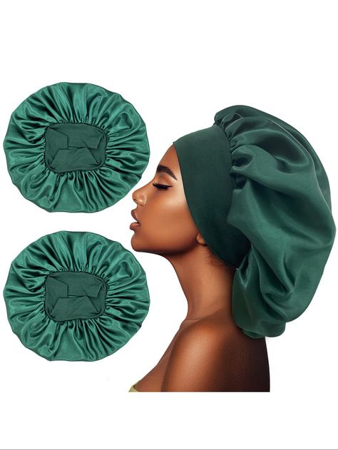 Dark Green  Collar  Satin  Shower Caps Embellished   Beauty Tools Hair Bonnets Satin, Bonets Hat, Green Bonnet, Silk Hair Bonnets, Satin Bonnets, Hair Bonnets, Hair Drying Cap, Hair Care Tools, Silk Bonnet