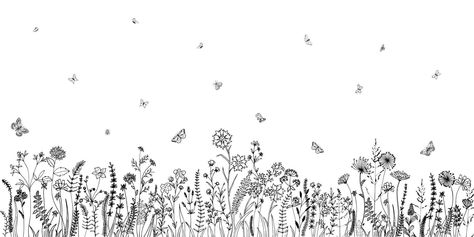 Wildflowers and various insects. Fashion sketch for various design ideas. Monochrome print. Wildflower Sketch, Insects Fashion, Border Tattoo, Miniature Tattoos, Wildflower Painting, Wildflower Drawing, Insect Tattoo, Monochrome Print, Flower Line Drawings