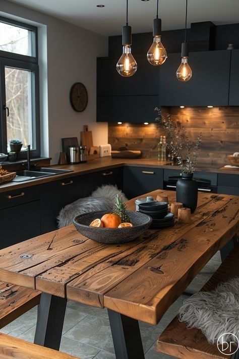 2024 Kitchen Decor Trends, Black Scandinavian Kitchen, Black And Wood Interior, Black And Wood Kitchen, Dapur Skandinavia, Kitchen Scandinavian Style, Modern Konyhatervezés, Scandinavian Interior Kitchen, Dapur Rustic