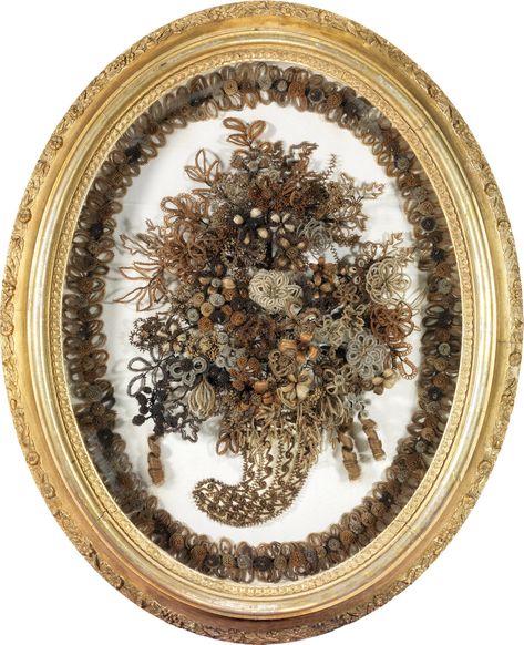 Nosegay with border, signed on reverse by Mrs. William J. Smith, Brookline, New Hampshire, gilt gesso, wood, glass, paper, wire, and human hair using gimp work, 1860-61.