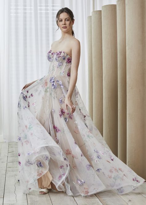 Hand Painted floral details give Willa a couture garden feel. Savin London Willa, Bright Floral Wedding Dress, Enchanted Dress Prom, Savin London Wedding Dress, Floral Wedding Dress Colored, Enchanted Dresses, Willa Dress, Hand Painted Wedding Dress, Planing Ideas