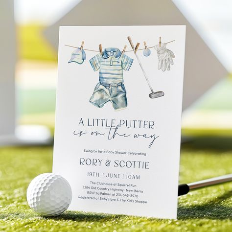 A Little Putter is on the way! This DIY, printable Golf Baby Shower Invitation Template is editable via Corjl.com. All wording/text, fonts styles, font colors, and background colors are fully editable and can be changed to fit your event needs! 𝑬𝒙𝒑𝒍𝒐𝒓𝒆 𝑴𝒂𝒕𝒄𝒉𝒊𝒏𝒈 𝑰𝒕𝒆𝒎𝒔 Find coordinating party essentials here: etsy.com/shop/MeadowPaperie?ref=seller-platform-mcnav&search_query=scottie 𝑻𝒓𝒚 𝑩𝒆𝒇𝒐𝒓𝒆 𝒀𝒐𝒖 𝑩𝒖𝒚 Not sure yet? Try the demo before you buy and see how easy it is to customize: corjl.com/d/34LDJ6 𝑻𝒆𝒎𝒑𝒍𝒂𝒕𝒆𝒔 𝑰𝒏𝒄𝒍𝒖𝒅𝒆𝒅 ・Invitation | 5x7 inches   ‧ Striped back side   ‧ Photo back side 𝑷𝒖𝒓𝒄𝒉𝒂𝒔𝒆 𝒂𝒏𝒅 𝑨𝒄𝒄𝒆𝒔𝒔 ・① Add your items to your cart and proceed to checkout. ・② Look out for an email from Corjl.com with your access link, or go Baby Shower Golf Theme, Golf Themed Baby Shower Ideas, Mens Baby Shower, Golf Baby Shower Ideas, Boy Baby Sprinkle, Golf Baby Showers, Sprinkle Invite, Golf Baby, Baby Announcement Photoshoot