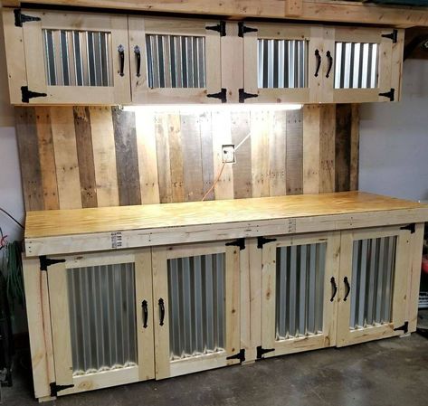 Cabinet Shop Organization Ideas, Man Cave Work Bench, Garage Work Bench With Doors, Garage Restroom Ideas, Basement Wood Shop, Garage Kitchen Ideas Man Cave, Rustic Garage Storage, Rustic Workshop Ideas, Custom Work Bench