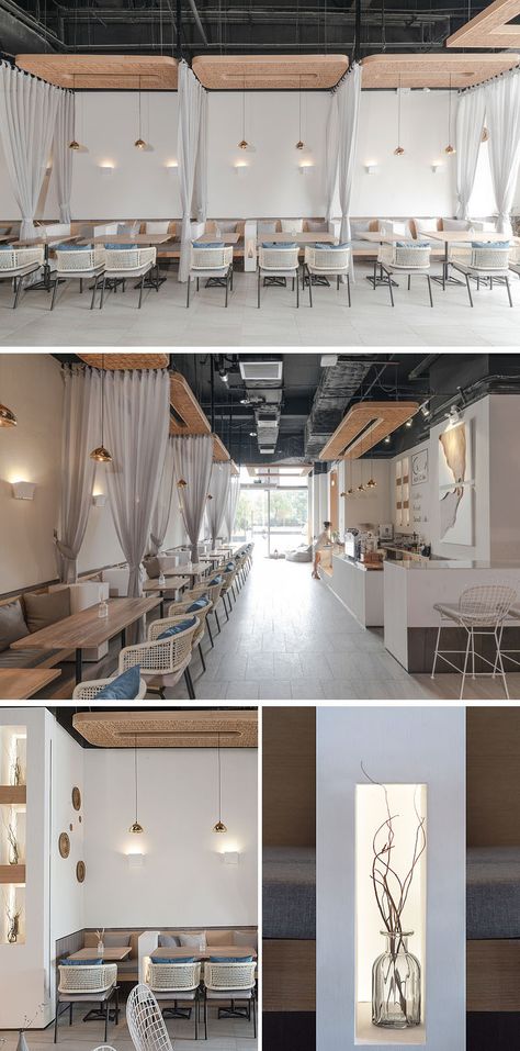 This modern coffee shop has small white partitions and curtains to divide the seating spaces, and the curtains can be closed to provide a sense of privacy. #ModernCoffeeShop #CafeInterior Modern Coffee Shop, Café Design, Cafe Seating, Cafe Concept, Modern Cafe, Coffee Shops Interior, 카페 인테리어 ��디자인, Changsha, Coffee Shop Design