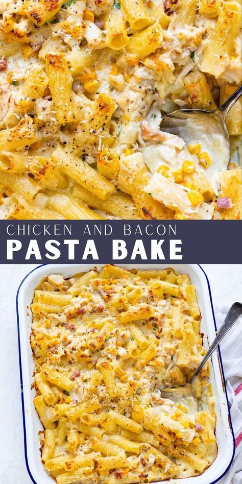 Chicken And Bacon Pasta, Baked Chicken Pasta Recipes, Bacon Pasta Recipes, Bacon Pasta Bake, Cheesy Chicken Pasta, Chicken Bacon Pasta, Cheese Pasta Recipes, Chicken Receipes, Chicken And Bacon