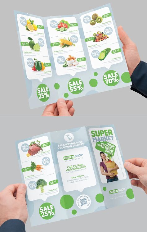 Supermarket Products Sale Tri-Fold Brochure Template PSD Food Brochure Design Ideas, Food Brochure Design Creative, Product Leaflet Design, Product Brochure Design Layout, Brochure Product Design, Supermarket Brochure, Product Pamphlet, Product Brochure Design, Product Leaflet