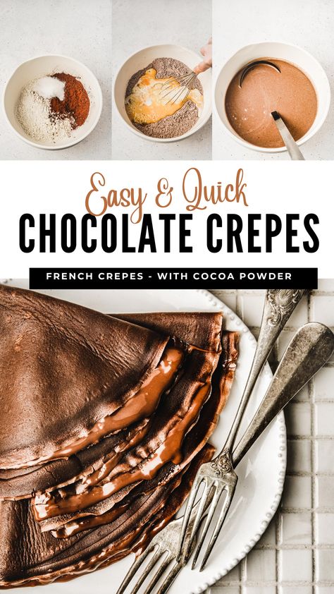 Indulge in these delightful French chocolate crepe recipe flavored with only cocoa powder, offering a soft and light texture that pairs perfectly with your favorite fillings like Nutella, fruit jam, whipped cream and more. These delicious chocolate crepes turn all your desserts, breakfasts and snacks into delicious desserts. Fall Crepes Recipe, Chocolate Filled Crepes, Crepe Filling Ideas Sweet, Chocolate Crepe Recipe, Crepe Recipe Filling, Chocolate Crepes Recipe, Breakfast Wraps Recipes, Fruit Crepes, Breakfast Potluck