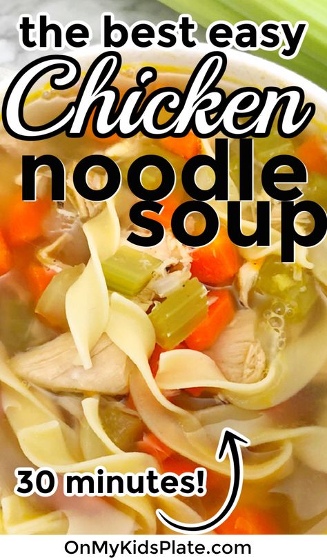 Chicken Noodle Soup is made 100% from scratch, with chunky vegetables, herbs, and a cozy broth, just like Grandma used to make! #chicken #chickenrecipes #chickensoup #homemade #semihomemade #souprecipes #chickennoodle Old Fashion Chicken Noodle Soup Homemade, Chicken Noodle Soup With Homemade Noodle, Cheap Chicken Noodle Soup Recipe, Chicken Noodle Soup Recipe Rotisserie, Chicken Broth Noodle Soup, Home Style Chicken Noodle Soup, Chicken Noodle Soup With Rotisserie Easy, Chicken Noodle Soup Homemade Instapot, Small Batch Chicken Noodle Soup