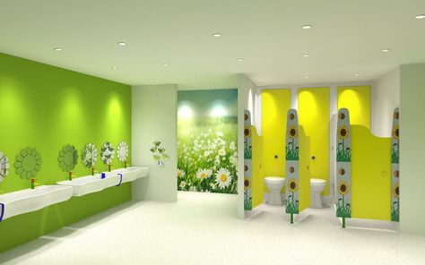 Nursery toilet cubicle designed for children with exclusive door patterns (Happy Everything) by Cubicle Centre | Pinterest | Cubicles, Nurseries and Doors Daycare Bathroom, Cubicle Design, Daycare Rooms, Toilet Cubicle, Decoration Creche, Kindergarten Interior, Preschool Designs, Kids Toilet, Nursing Room