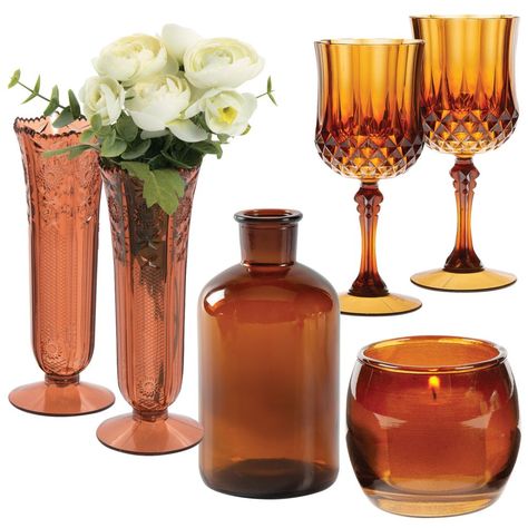 Enhance the look of table centerpieces with this stylish variety of amber items. For your wedding reception or anniversary party, this amber assortment can be filled with faux flowers, battery-operated candles or wrapped candy (all sold separately on this site) to make an amazing table display that fits your party theme. (48 pcs. per unit)Includes:o 12 Glass Amber Bud Vases (6 1/2")o 12 Plastic Amber Patterned Wine Glasses (6 3/4" 8 oz.)o 12 Plastic Amber Bud Vases (5 3/4")o 12 Glass Amber Candl Amber Thanksgiving Table, 70s Centerpiece Ideas, Amber Bud Vases, Candle Theme, Amber Wedding, Navy And Copper, Wrapped Candy, Amber Candle, Battery Operated Candles