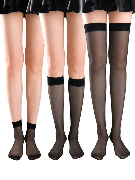 PRICES MAY VARY. 88% Nylon, 12% Spandex Imported Pull On closure Machine Wash Fabric: Breathable, soft, comfortable and skin friendly Design: 3 pairs, sheer mesh socks, over the calf socks, solid color Gift: Excellent gift for your friend, lover, sisters, families, friends to show your care and love Occasion: Suitable for daily life, hanging out, casual wear, easy to wear with boots and shoes Size: please refer to the size chart as below(not amazon size) Size Chart(In inches):    One Size: Lengt Sheer Socks Outfit, Knee High Stockings, Nylon Socks, Mesh Socks, Over The Calf Socks, Nylon Leggings, Sock Outfits, Sheer Socks, Colored Tights