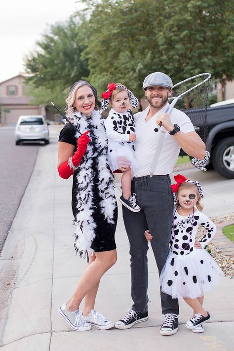 101 Dalmatians Family Halloween Costume | Cruela De Vil and Dalmatians Costume | Halloween Family Costume Halloween Costume Ideas For Family Of Four, Dalmatians Family Costume, 101 Dalmations Halloween Costume Family, 101 Dalmations Costume Family Diy, Family Dalmation Costume, 101 Dalmations Halloween Costumes, 100 And 1 Dalmations Costume, Cruelly Deville Family Costume, Dalmation Family Costume