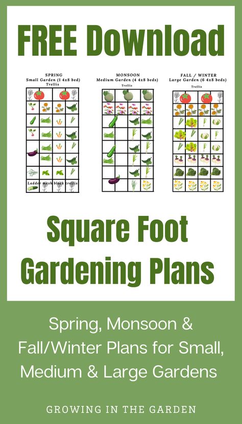 Take the work out of planning your garden each season. Enjoy this free download of square foot gardening plans for Spring, Monsoon & Fall/Winter for small, medium & large gardens. Designed by Angela Judd of Growing In The Garden. Square Ft Gardening Layout, 4x8 Raised Bed Garden Layout, 4x8 Garden Bed Plan, Vegtable Garden Layout, Sq Ft Gardening Layout, Zone 7 Gardening, Fall Winter Garden, Square Foot Gardening Plans, Raised Bed Garden Layout