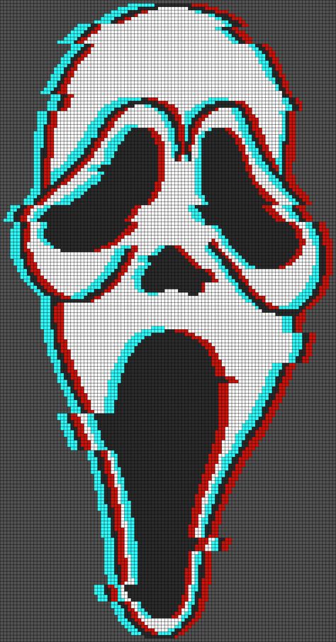 Horror Movie Graphgan, Ghost Face Grid Pattern, Ghostface Pixel Art Grid, Horror Movie Alpha Patterns, Creepy Pixel Art Grid, Crochet Grid Patterns Horror, Ghostface Cross Stitch, Horror Grid Pattern, Ghost Face Alpha Pattern