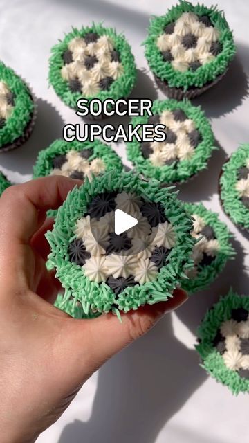 Alex LaRosa on Instagram: "Soccer Cupcakes ⚽️  ✨use tip 32 filled with black to add one center plate dollop & 5 around it  ✨use tip 32 filled with white to add white circles all around the black  ✨use grass tip 233 to create grass around the soccer ball  Supplies @nycake Piping tips @wiltoncakes l Colors @colour.mill  .  . . . . . #alexlarosabakery #soccercupcakes #soccerballcupcakes #colourmillmade #sportscupcakes #olympiccupcakes" Soccer Ball Cupcakes, Soccer Birthday Party Ideas For Boys, Soccer Desserts, Soccer Party Food, Soccer Treats, Soccer Cupcakes, Soccer Goalie, Buttercream Cupcakes, Soccer Birthday