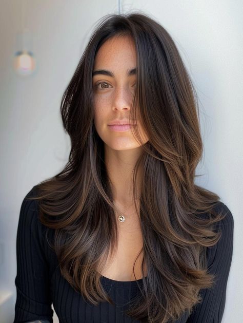 Transform Your Look with Long Layers and Curtain Bangs Long Layered Haircuts Dark Brown, Long Length Haircut Brunette, Long Hair With Some Bangs, Textured Long Hair Straight, Haircuts For Long Brown Hair Straight, Dark Balayage With Curtain Bangs, Brown Hair Round Face Haircut, Simple Curtain Bangs Long Hair, Long Curtain Bangs Long Hair No Layers