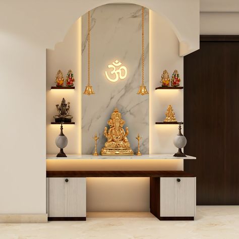 Compact Mandir Design With Wall-Mounted Shelves And Lights | Livspace Mandir Design Small Wall, Wall Mounted Pooja Unit, Mandir Wall Designs, Small Mandir Design Indian, Wall Mounted Mandir Design, Mandir Unit Design, Mandir Back Wall Design, Mandir Unit, Shelves With Lights