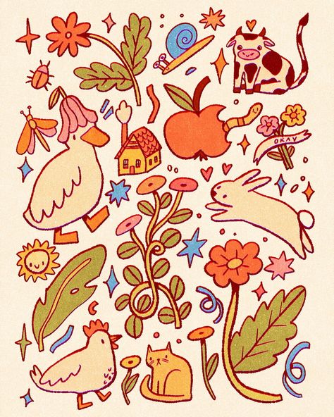 This might be my new favourite colour palette!! I'm obsessed! Love how this drawing turned out in general aaaaaaaaaah!! hehe!! I've been experimenting with blues so much lately and I feel like it finally clicked. HYPE!! #digitaldrawing #procreate #doodle Cute Colourful Doodles, Vintage Cute Drawing, Four Colour Palette, Animals With Flowers Drawing, Doodle Art Procreate, Fun Doodle Ideas, I’m Out, Graphic Design Doodles, Cute Characters Drawing