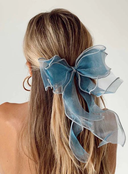 Straight Prom Hair, Bow Hairstyle, Ribbon Hairstyle, Blue Bow, Buy Now Pay Later, Aesthetic Hair, Scarf Hairstyles, Prom Hair, Princess Polly