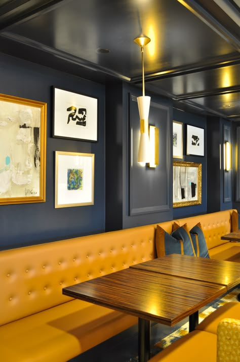 Monochromatic Restaurant Design, Commercial Banquette Seating, Blue And Gold Restaurant Design, Blue And Yellow Restaurant Interior, Yellow Restaurant Interior Design, Yellow Restaurant Interior, Banquette Restaurant, Banquette Seating Restaurant, Yellow Restaurant