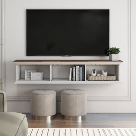 Floating Shelves Living Room Mounted Tv, Tv Shelf Ideas, Under Tv Decor, Mounted Tv Decor, Mounted Tv Ideas Living Rooms, Shelf Under Tv, Floating Tv Shelf, Bedroom Tv Stand, Under Tv