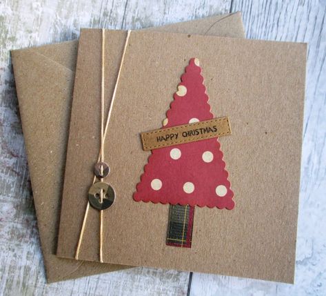 Happy Christmas - Christmas Tree Card - Folksy Fabric Christmas Cards, Handcrafted Christmas Cards, Christmas Tree Card, Stamped Christmas Cards, Simple Christmas Cards, Card Making Ideas, Christmas Sentiments, Cas Cards, Christmas Card Art