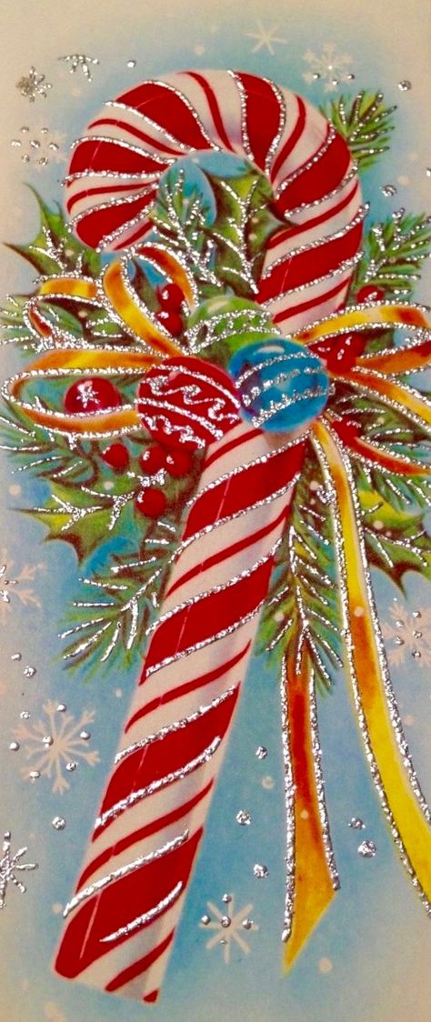 Vintage Candy Cane. Retro Christmas Card. Vintage Glitter Christmas Cards, Vintage Christmas Cards 1950s Retro, Candy Cane Painting, Vintage Christmas Cards 1950s, Retro Christmas Cards, Old Time Christmas, Rasy Koni, Christmas Artwork, Vintage Christmas Images