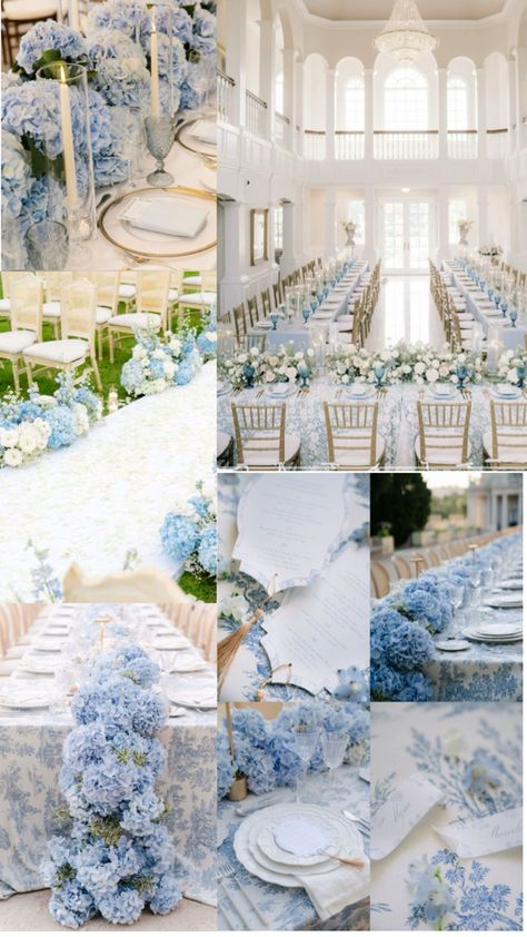 Wedding Blue Hydrangeas, Blue And White Spring Wedding, Blue Table Settings Wedding, Blue Floral Wedding Theme, Wedding Ideas Blue And White, Light Blue And White Wedding Theme, Coastal Granddaughter Wedding, Sky Blue And White Wedding, Blue Black And White Wedding