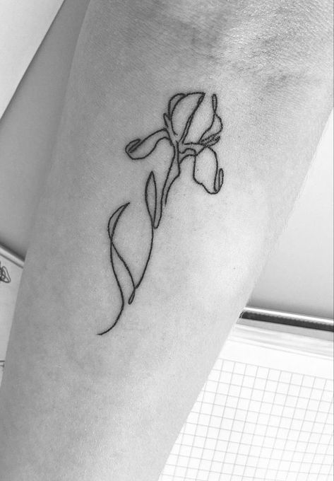 Iris Flower Tattoo 39 Iris Tattoo Line Art, Tiny Iris Tattoo, Iris Tattoo Fine Line, Iris Line Tattoo, Fine Line Iris Tattoo, Simple Iris Tattoo, Iris Flower Tattoos, Iris Tattoo Design, Flower Fine Line Tattoo