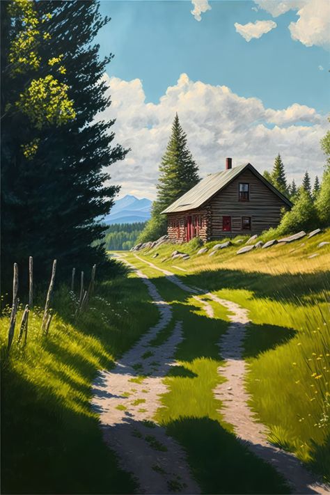 cabin in the mountains Nature Photography Drawing, Beautiful Mountain Scenery, Landscape Paintings House, Landscape With House Painting, Beautiful Scenery Nature Landscapes, Houses On Mountains, Landscape Photos To Paint, Paintings Of Scenery, Landscapes To Paint