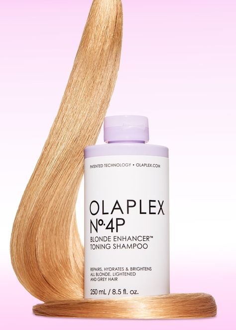 OLAPLEX NO4 Blonde Enhancer Shampoo bottle infront of curvy blond ponytail Shampoo Social Media Post, Salon Content, Olaplex Blonde, Olaplex Shampoo, Toning Shampoo, Grey Hair, Photo Tips, Skin Care, Blonde