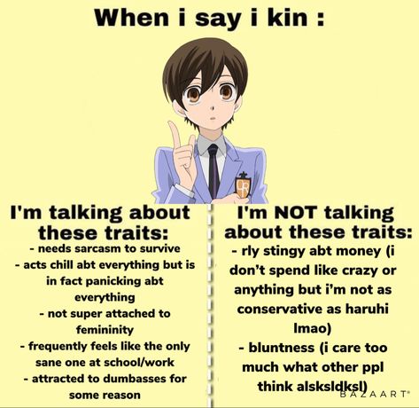 Kinning Characters, Kin Bingo, Haruhi Fujioka, Must Be Nice, Kinnie Bingo, Journal Therapy, Ouran Host Club, I Wish I Was, High School Host Club