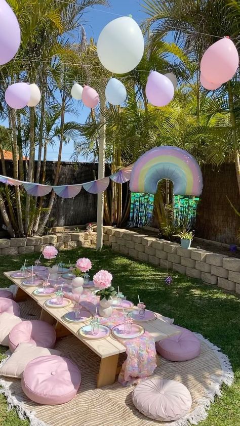 Rainbow Tea Party Birthday, Garden Theme Kids Party, Unicorn Picnic Birthday Party, Unicorn Picnic Party, Unicorn Garden Party, Rainbow Princess Birthday Party, Unicorn Tea Party Birthday, Pastel Birthday Party Decorations, Rainbow Tea Party