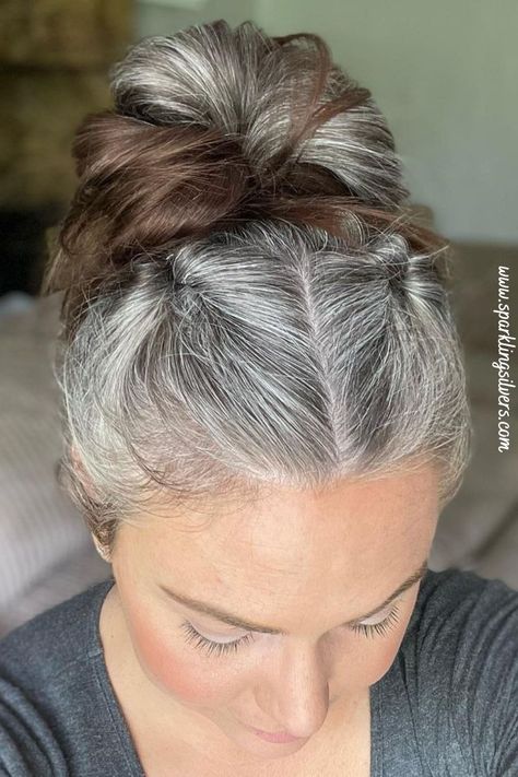 grey hairstyles Long Grey Hair Updo, Grey Hair Bun, Gray Hair Hairstyles, Transitioning To Gray Hair, Grey Hair Roots, Growing Out Gray Hair, Grey Hair Journey, Transitioning Hair, Grey Hair Care