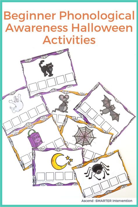 Halloween Literacy Activities | SMARTER Intervention | So if you know us well, you know that we LOVE all things fall. As you can probably guess we were so excited to be able to throw some Halloween activities into our mix. Most of the students we work with really struggle with phonological awareness and while we have phonological awareness built into our lessons we know that some of our students need extra practice with it. So we have some fun phonological awareness practice activities for you. Phonology Activities, Halloween Literacy Activities, Free Phonics Printables, Literacy Groups, Halloween Literacy, Phoneme Segmentation, Fun Exercises, Phonological Awareness Activities, Halloween School Treats